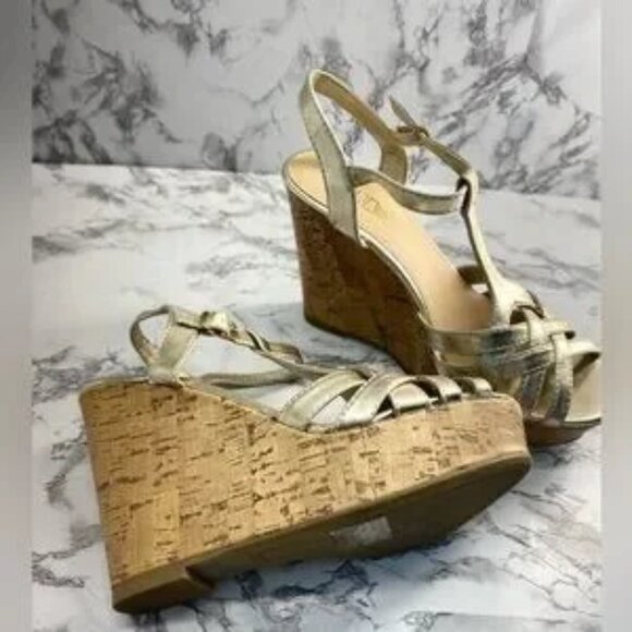 Brash Gold Metallic Strappy Cork Wedges Size 7 - Picture 4 of 11